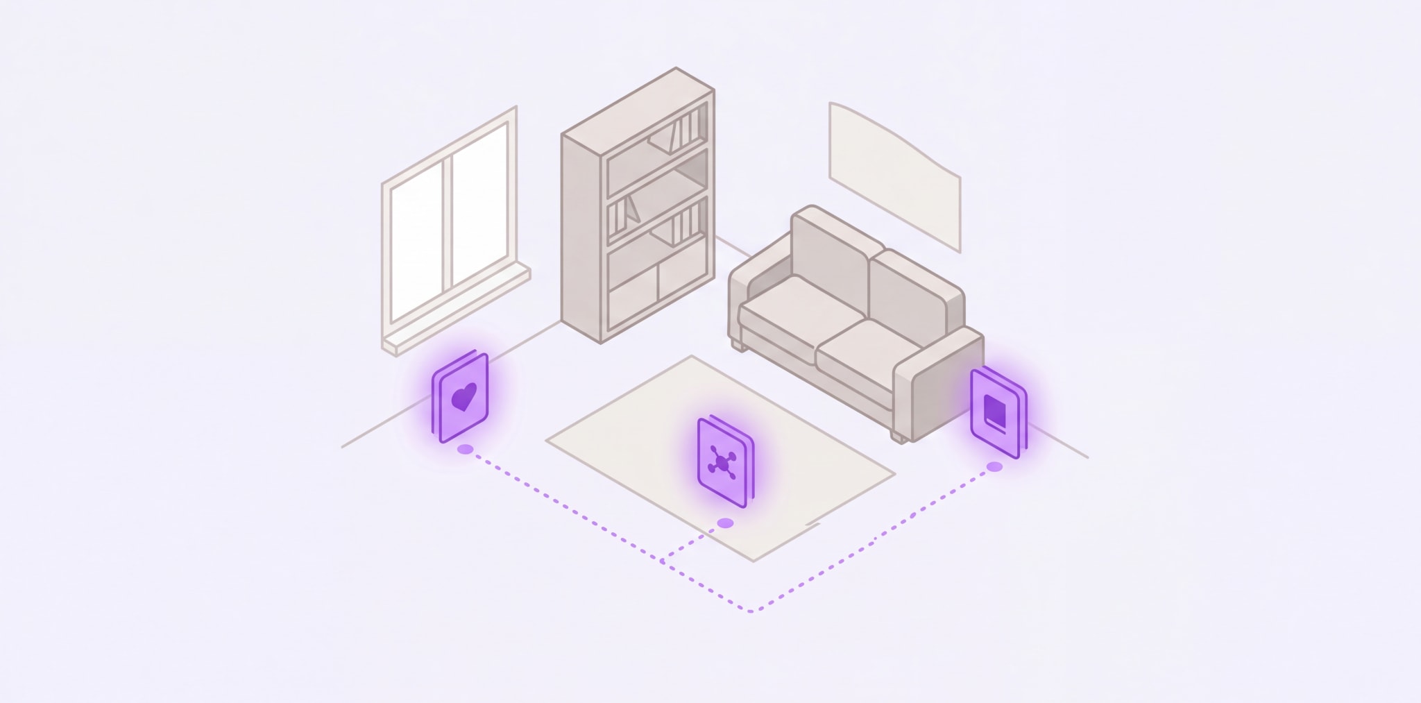 An isometric room where glowing knowledge cards are anchored to real locations — a bookshelf, a rug, a sofa — connected by a walkable path