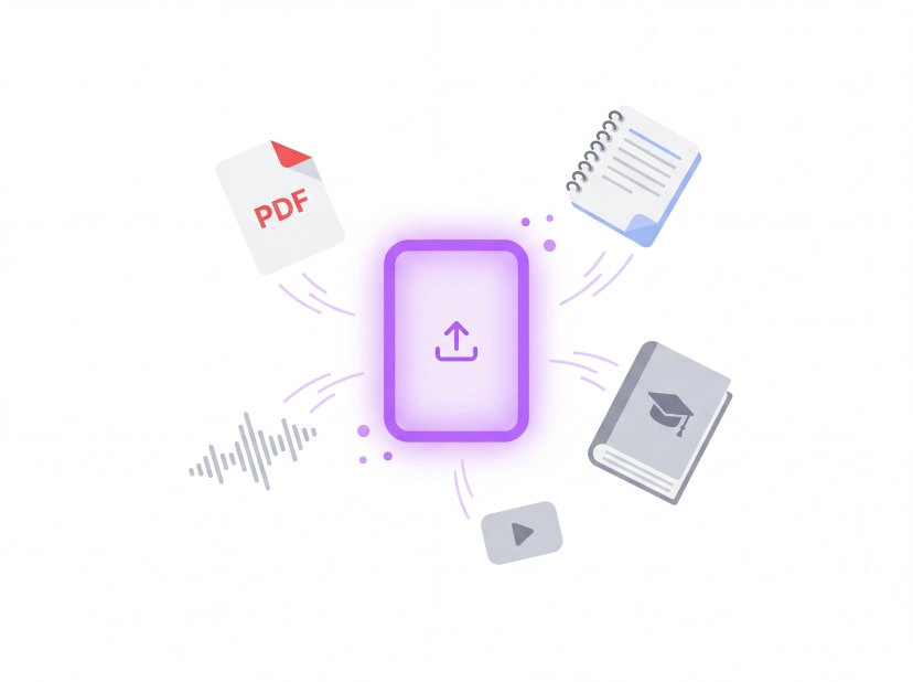 Upload materials — PDFs, notes, textbooks, audio, and video flowing into Lokii
