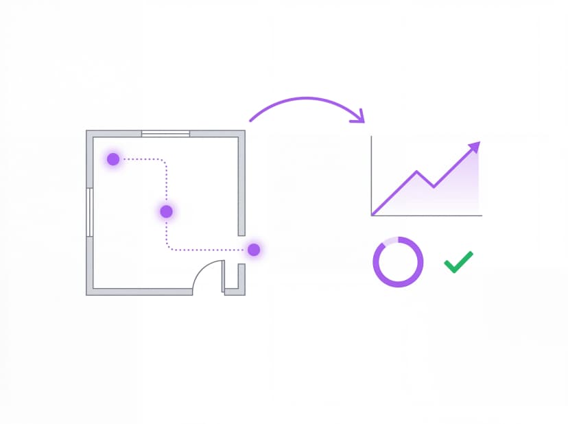 Memory palace floor plan with learning path, retention chart climbing upward, and completion checkmark