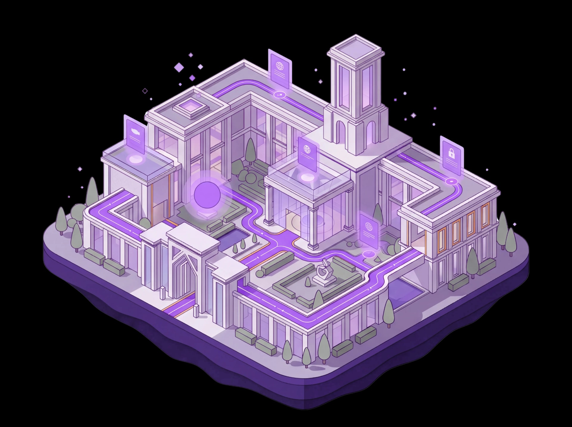 Isometric memory palace illustration showing a grand building with glowing purple pathways